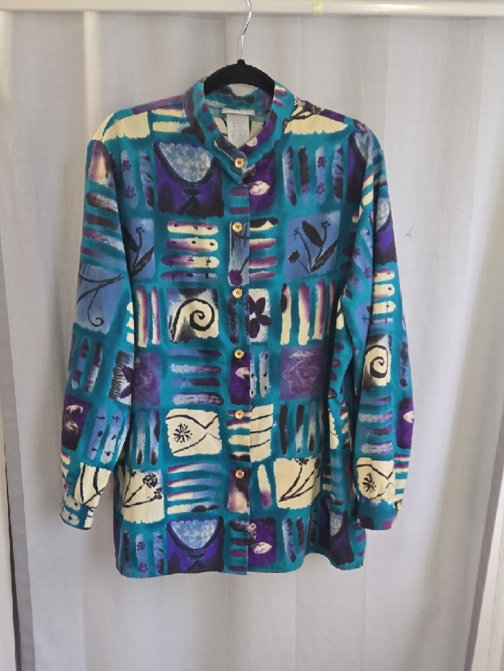 Blair ( Vintage )  In EUC    Teal, Purple & Cream Patterned Button-Front Blouse - Picture 2 of 9